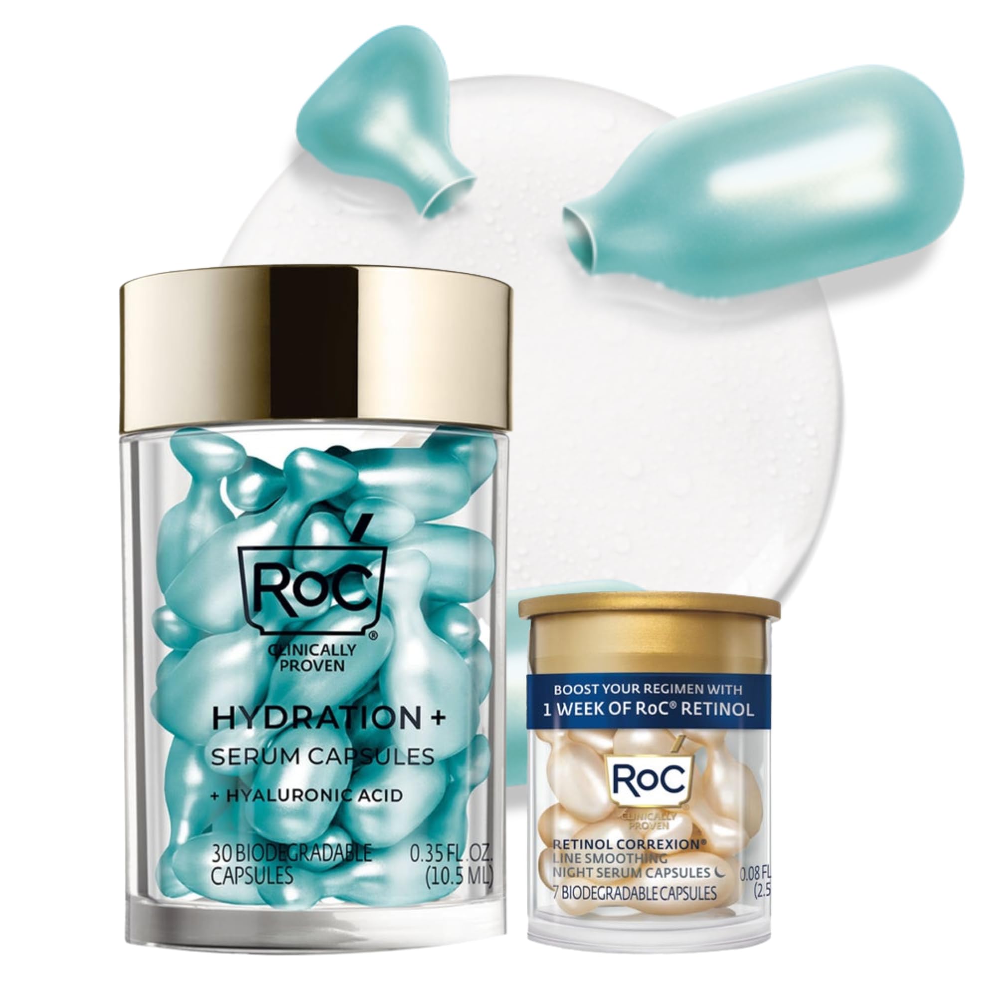 RoC front packaging of hyaluronic night serum capsules showing month supply benefit