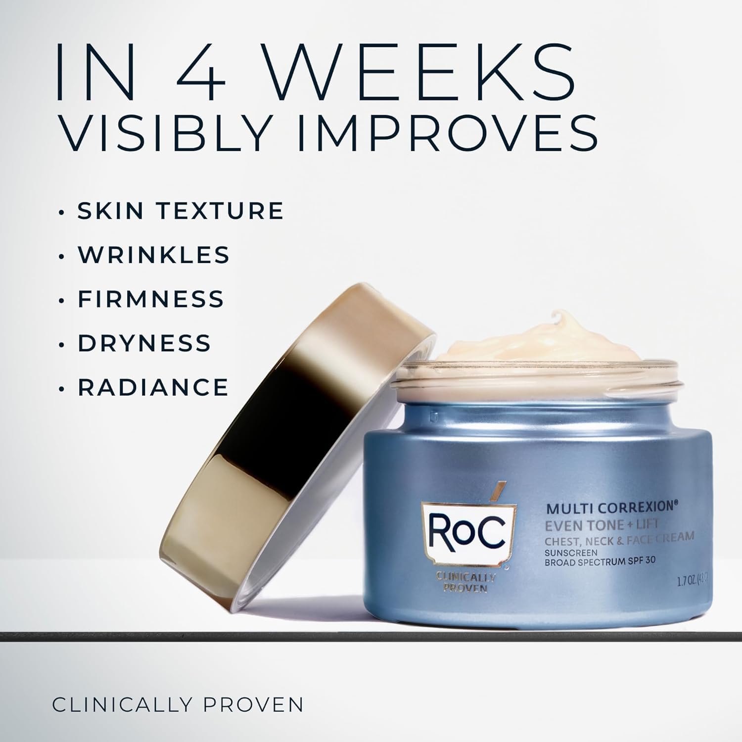 RoC tube on bathroom shelf in a tidy routine setting suggesting daily use