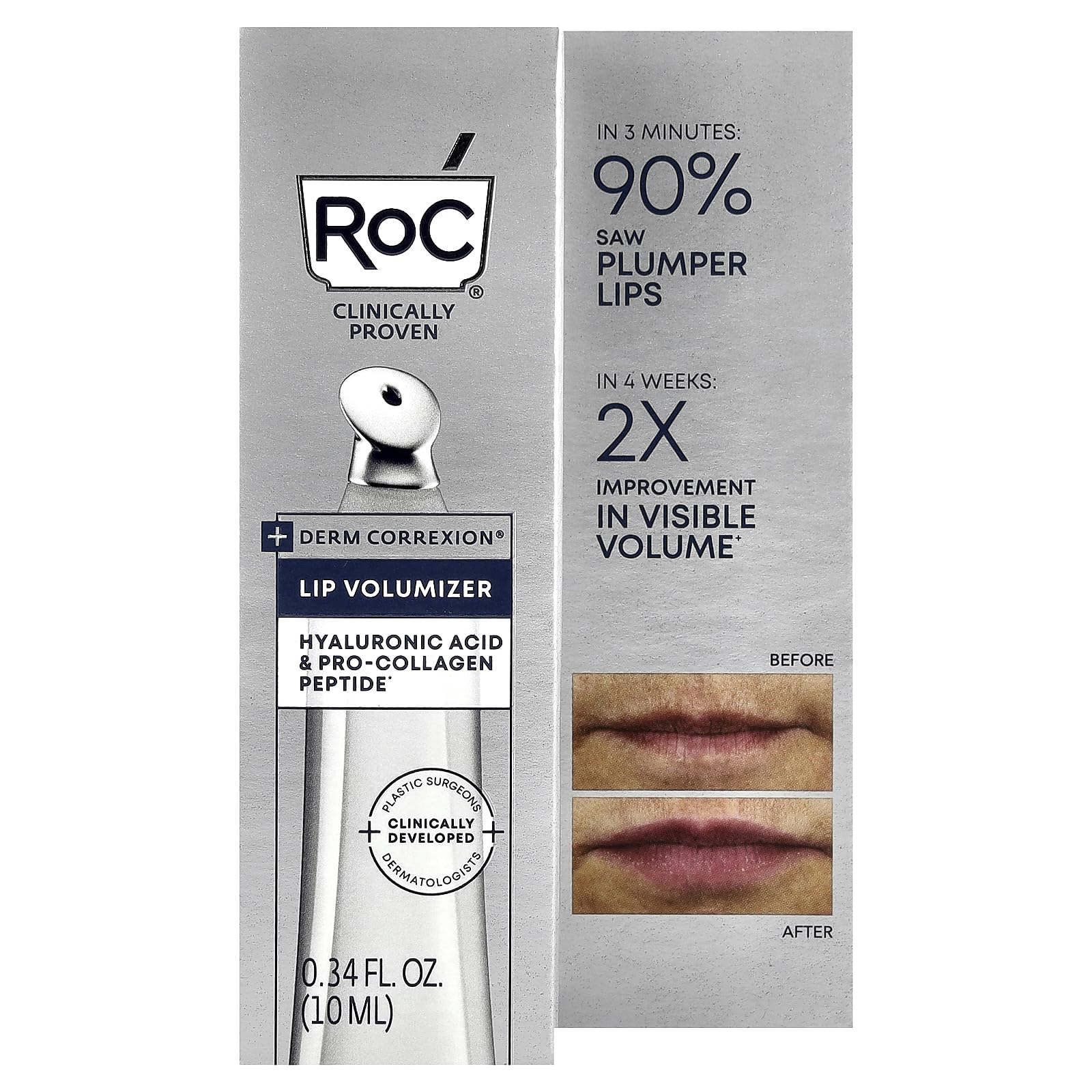 RoC lip volumizer texture close-up on fingertip highlighting smooth formula for easy application