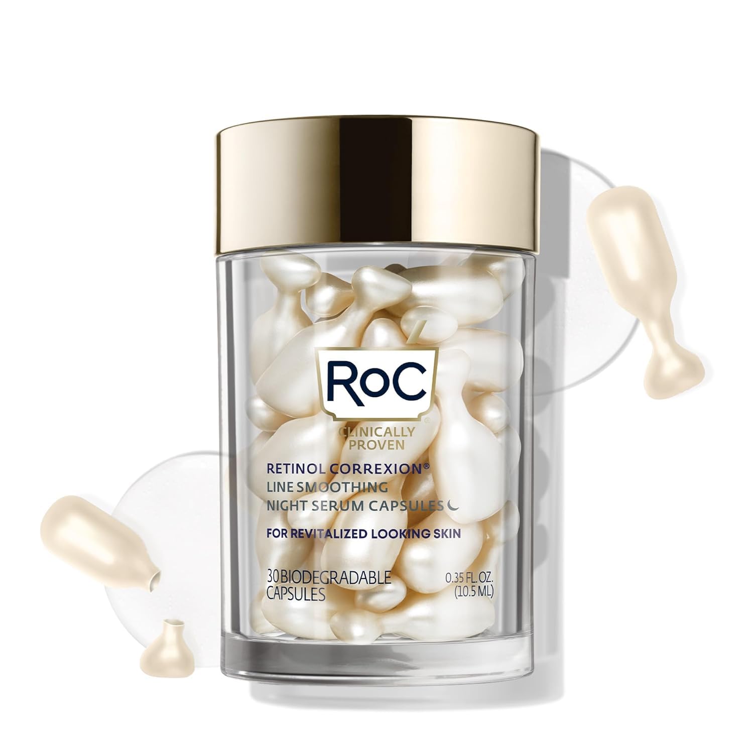 RoC jar front view showing capsules and clear anti-aging benefit