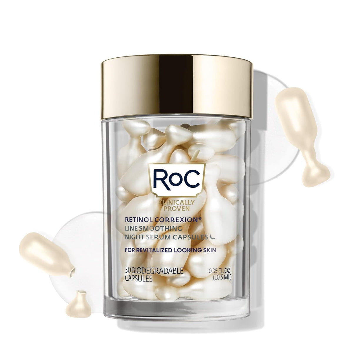 RoC jar front view showing capsules and clear anti-aging benefit
