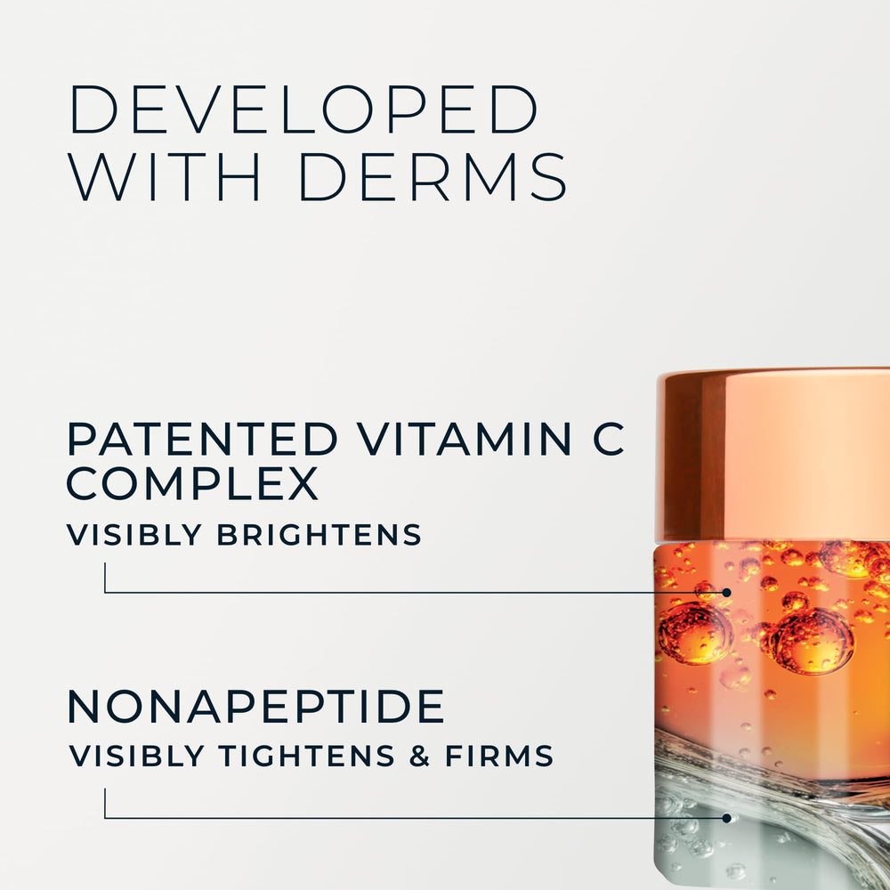 RoC ingredient callout displaying vitamin C blend and peptides for brighter skin