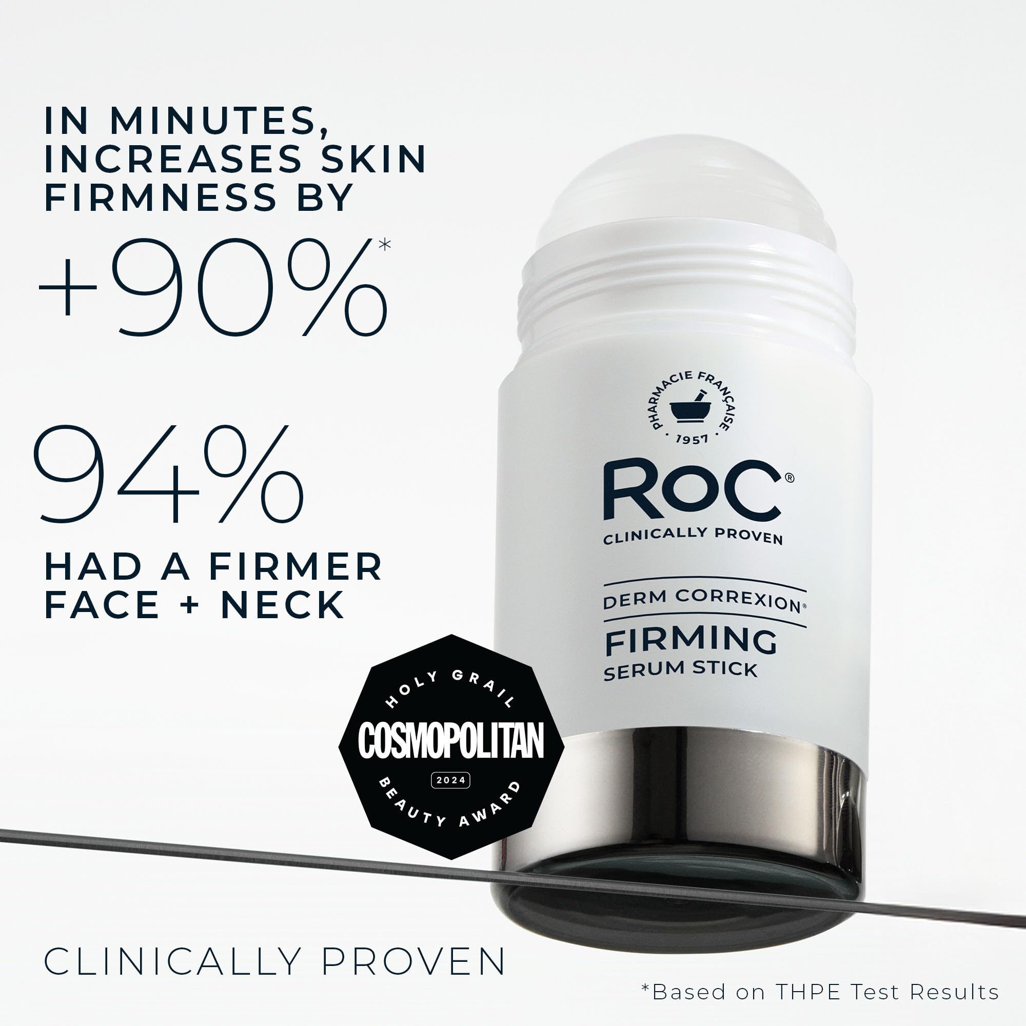 RoC serum stick applied to jawline demonstrating targeted lift benefit