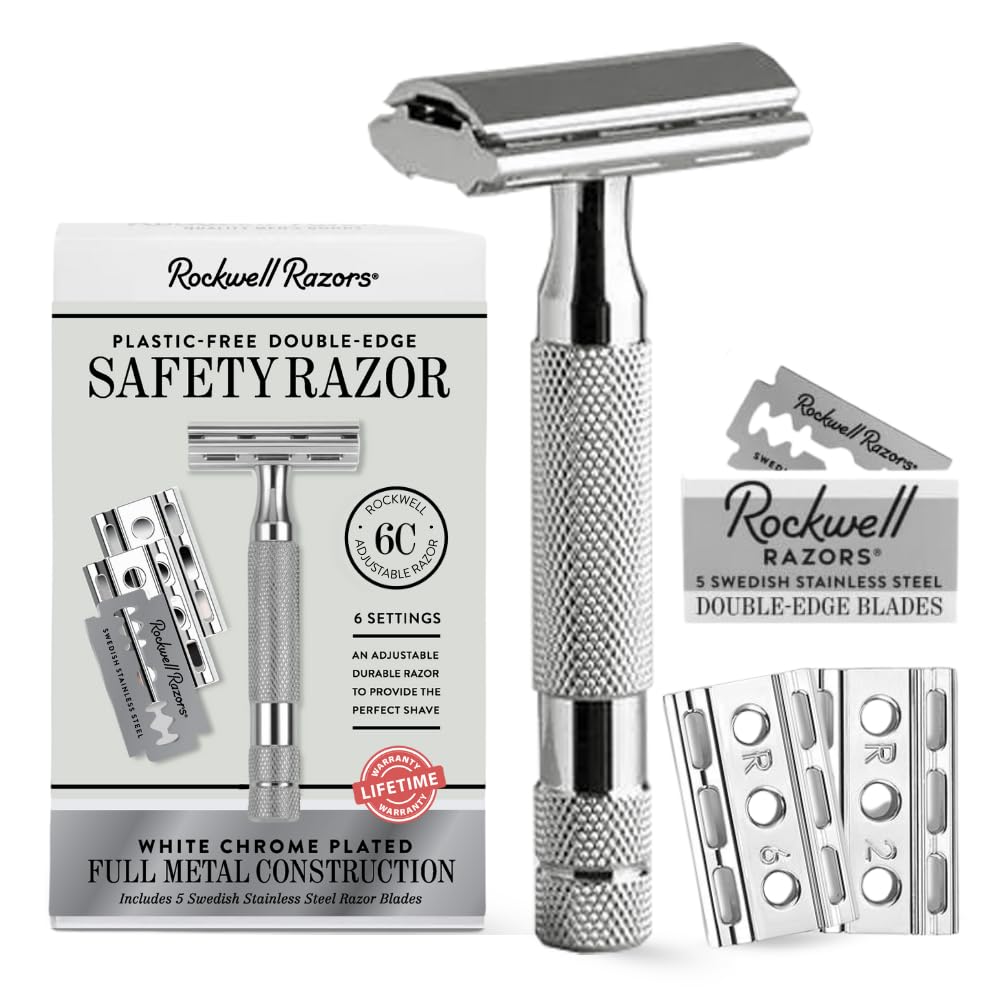 ROCKWELL RAZORS 6C front view showing white chrome finish and balanced design benefit