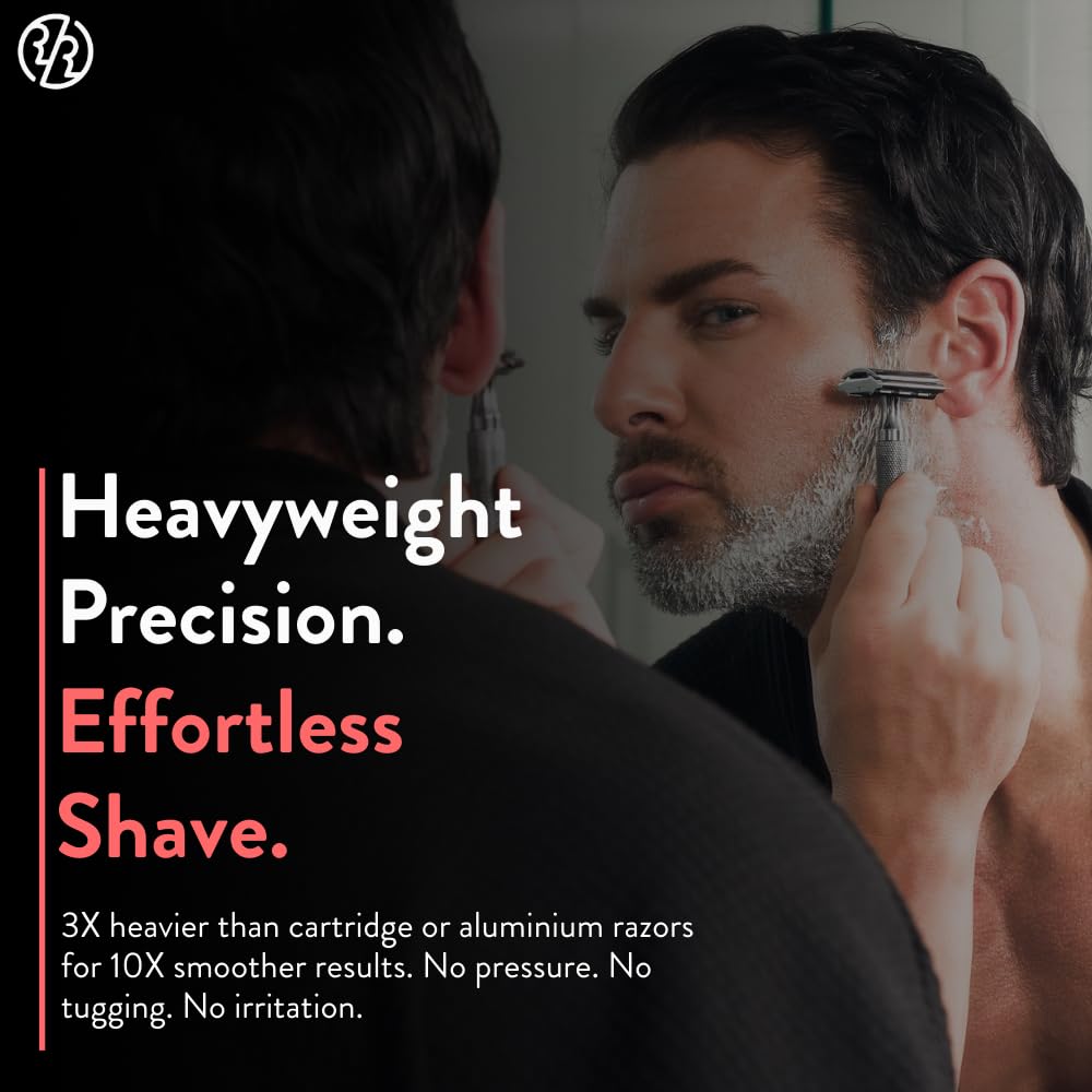 ROCKWELL RAZORS shaving in use on face illustrating reduced irritation benefits