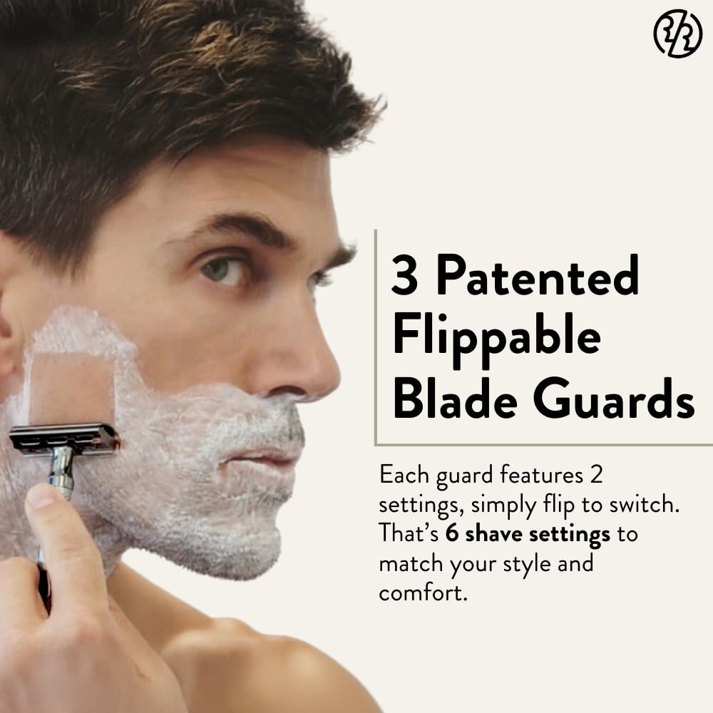 ROCKWELL RAZORS 6C next to five recyclable blades and eco packaging for sustainable savings