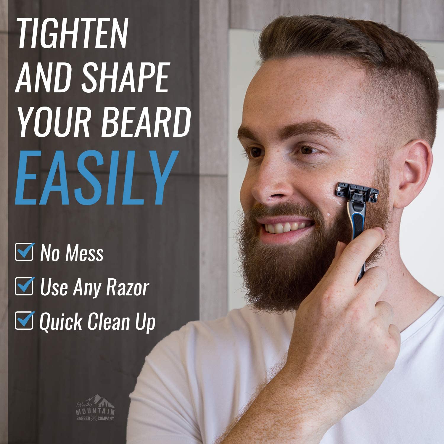 Rocky Mountain Barber Company applied in front of mirror demonstrating visibility while shaving
