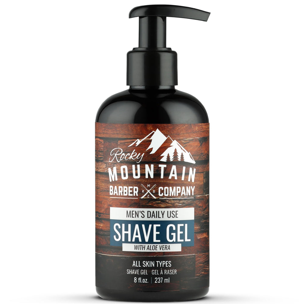 Rocky Mountain Barber Company front bottle shot showing clear gel and branding for precise shaving