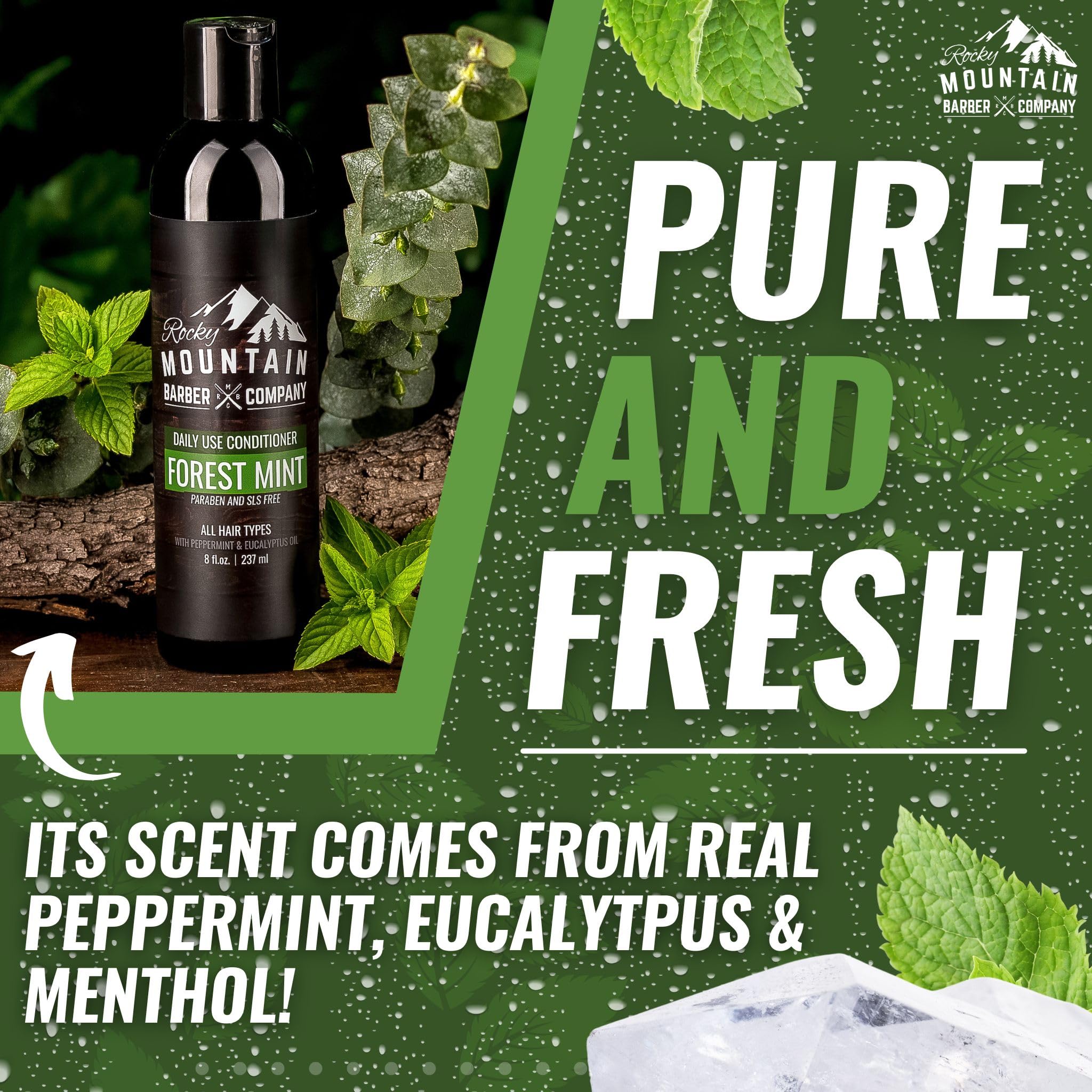 Rocky Mountain Barber Company bottle beside hand for clear size and travel convenience