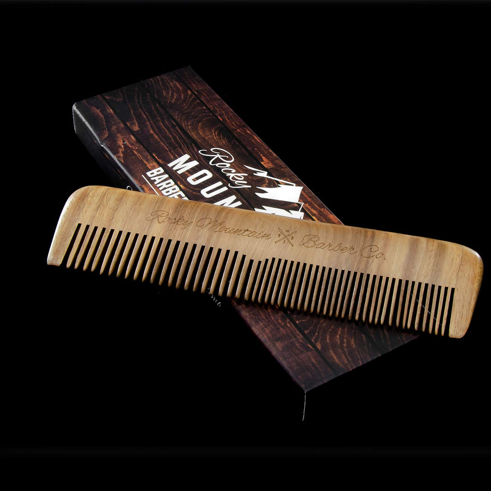 Rocky Mountain Barber Company styled grooming scene showing comb use for polished appearance