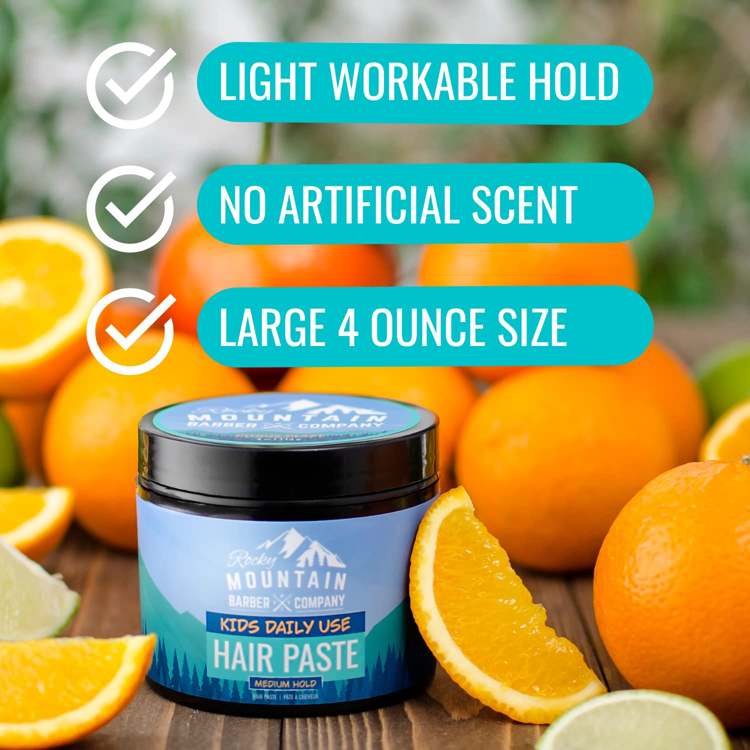 Rocky Mountain Barber Company label close-up listing water-based and citrus benefits