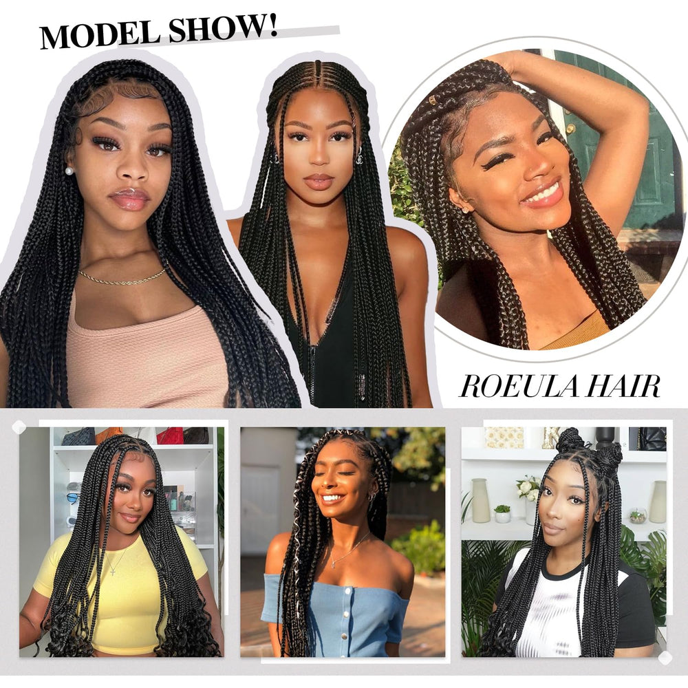 Roeula lifestyle model wearing long braids illustrating natural drape and style