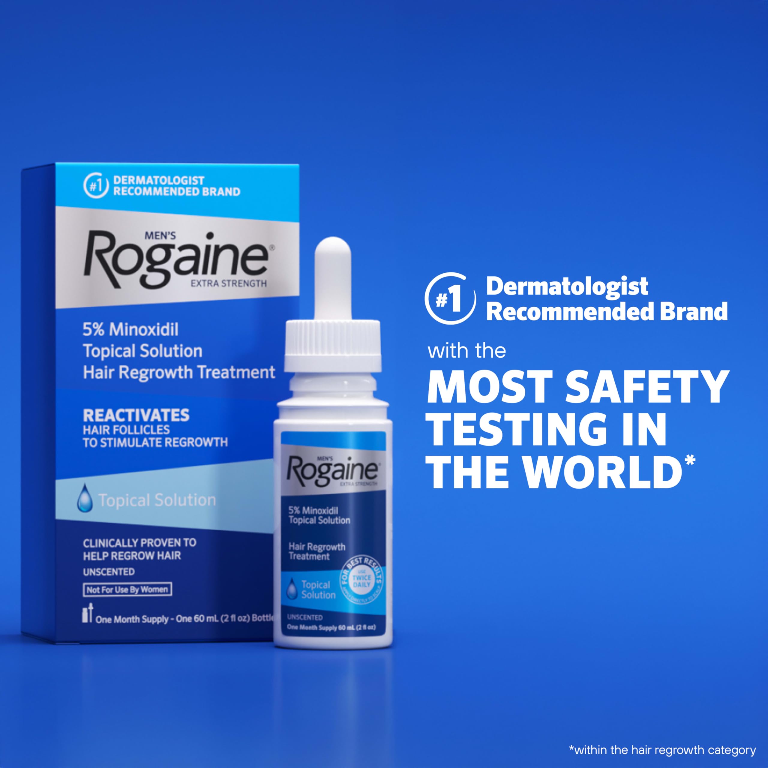 Rogaine bottle styled with grooming items to show routine-friendly benefit