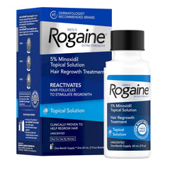 Rogaine front packaging 2 fl oz showing brand and benefit for hair regrowth