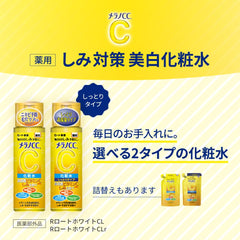 Rohto Melano CC lotion texture closeup showing smooth absorbent finish benefit