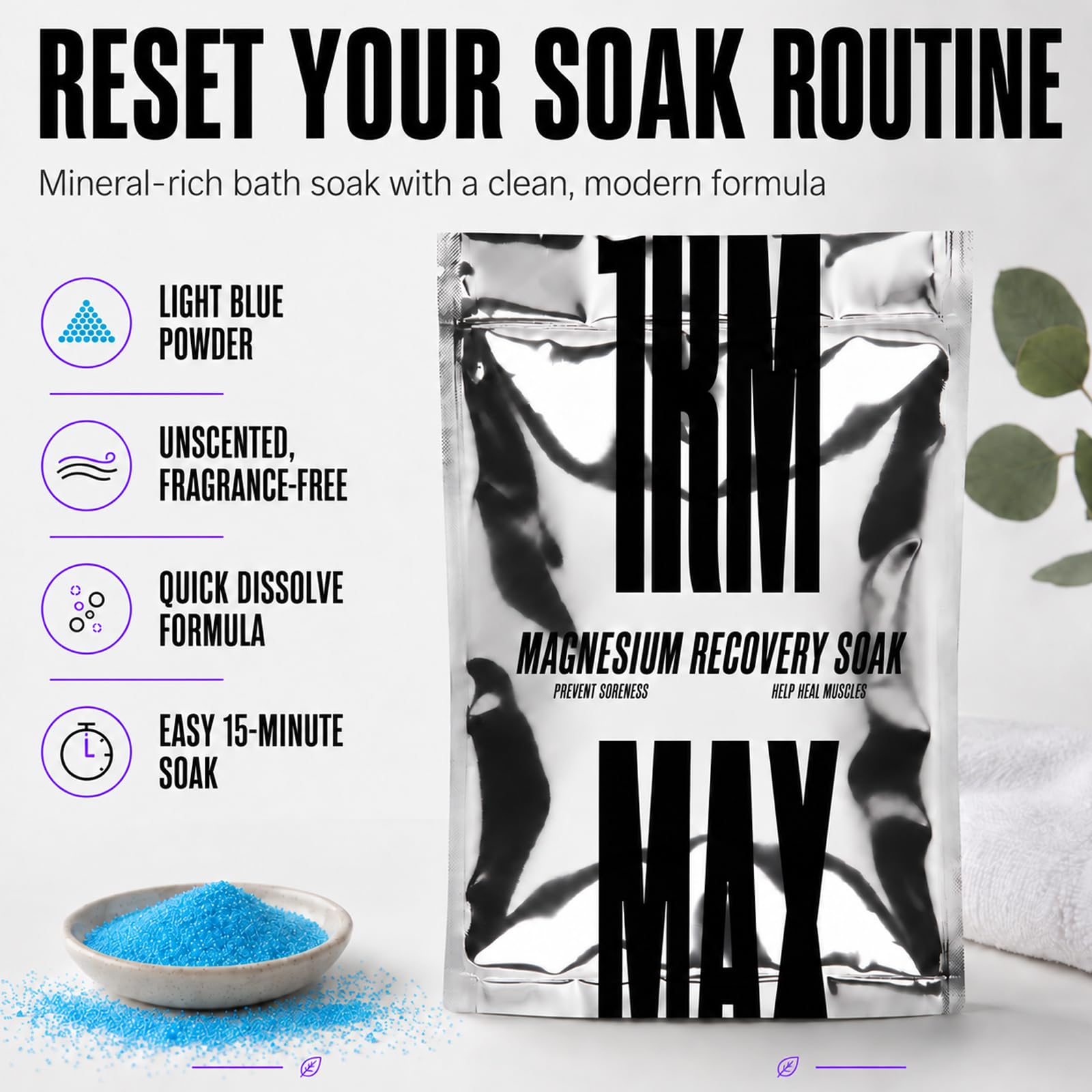 Roilois open pouch with white magnesium crystals ready to dissolve for quick soaks