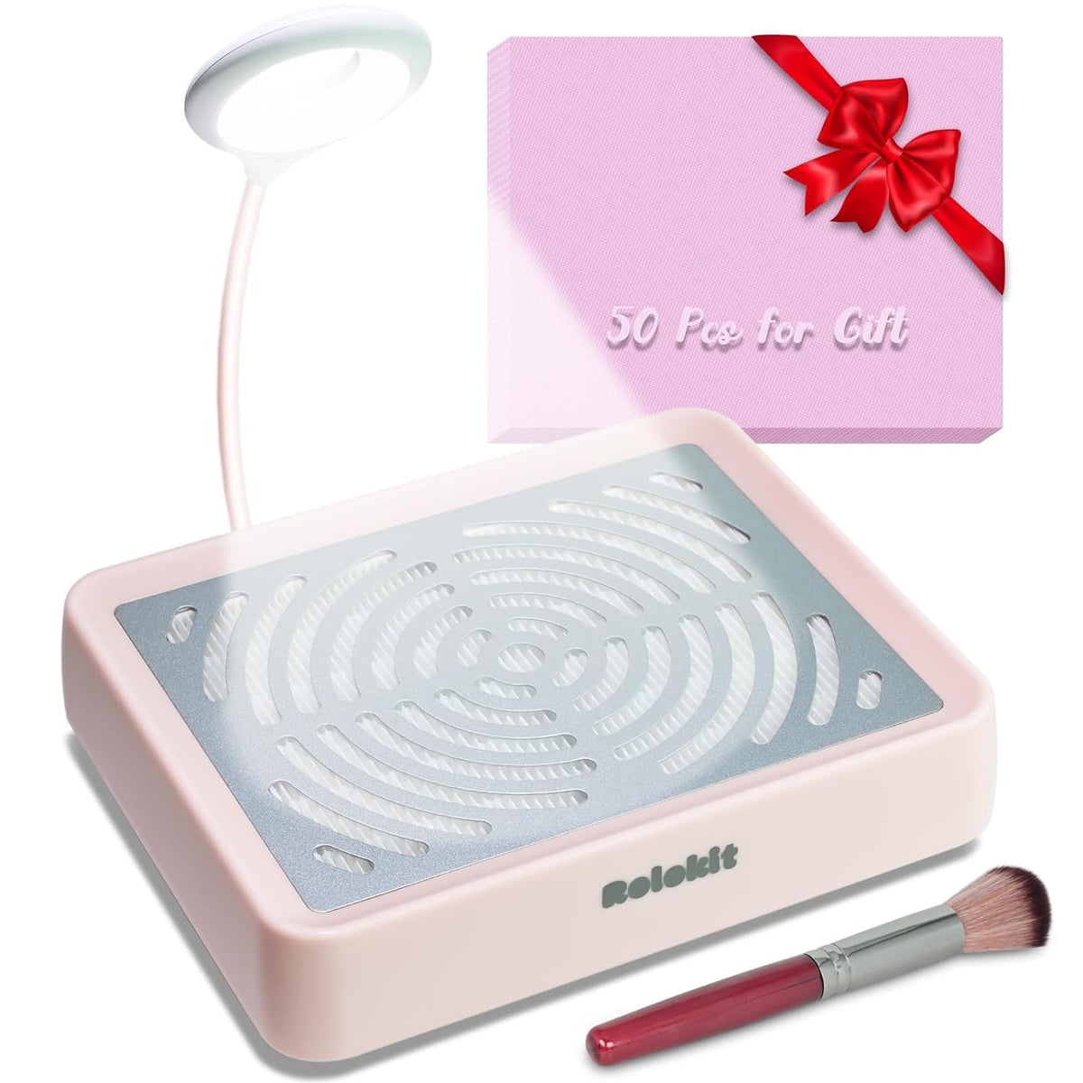 rolokit front view showing compact dust collector and lamp for tidy manicure stations