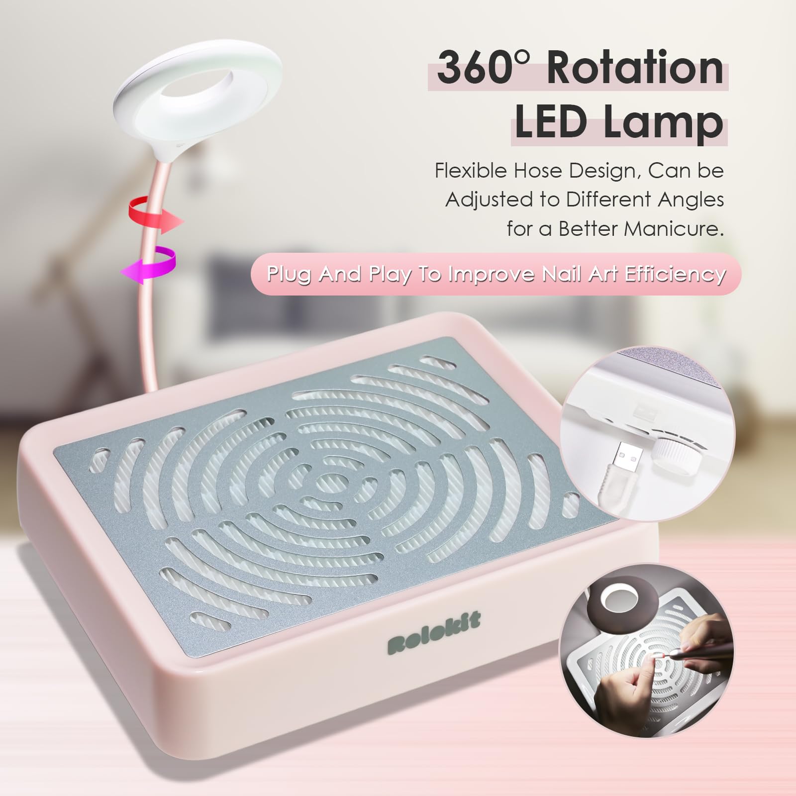 rolokit adjustable LED lamp angled to illuminate nails for precise detailing