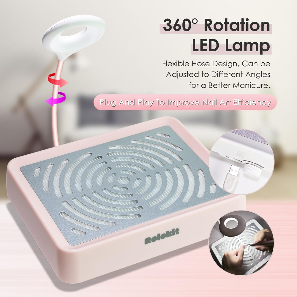 rolokit adjustable LED lamp angled to illuminate nails for precise detailing