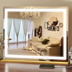 ROLOVE front view showing full 23x18 gold-lit mirror and clear reflection benefit
