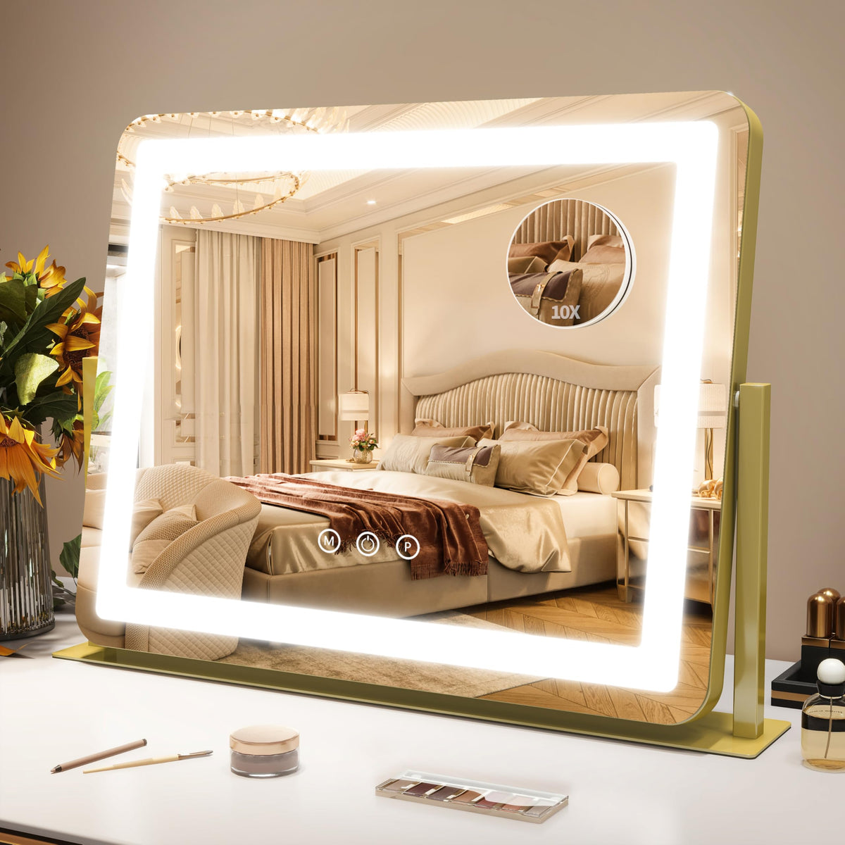 ROLOVE gold vanity mirror front view showing full-face reflection and clarity
