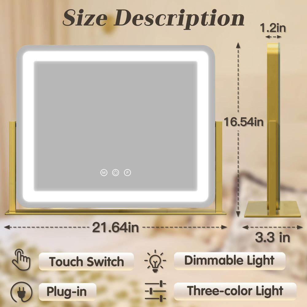 ROLOVE mirror LED lighting detail showing three-color tones for accurate makeup