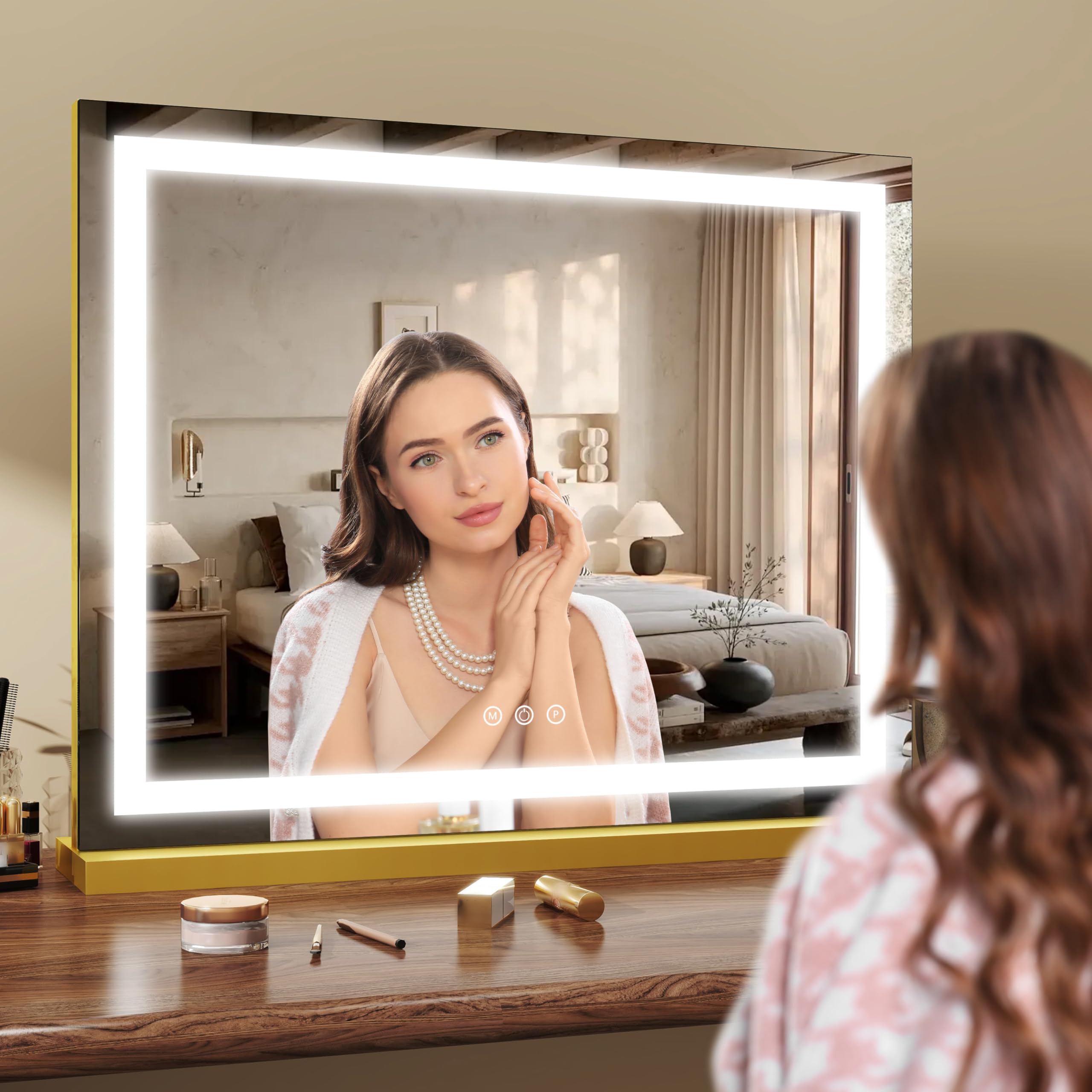 ROLOVE mirror beside person illustrating 23x18 size and full-face coverage