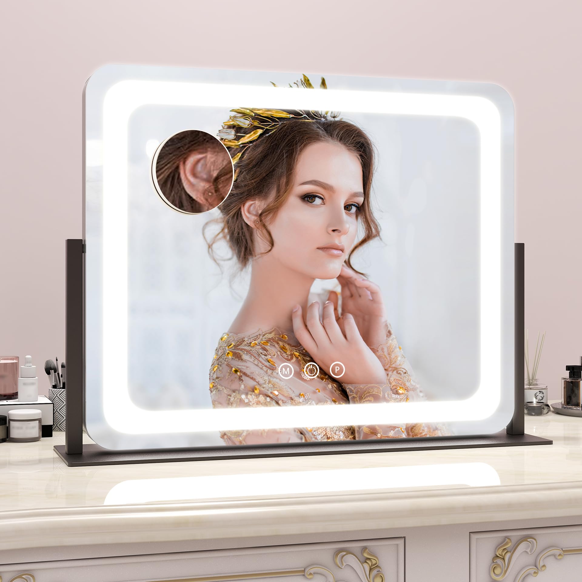 ROLOVE mirror next to ruler showing 22x17 size for full-face coverage benefit