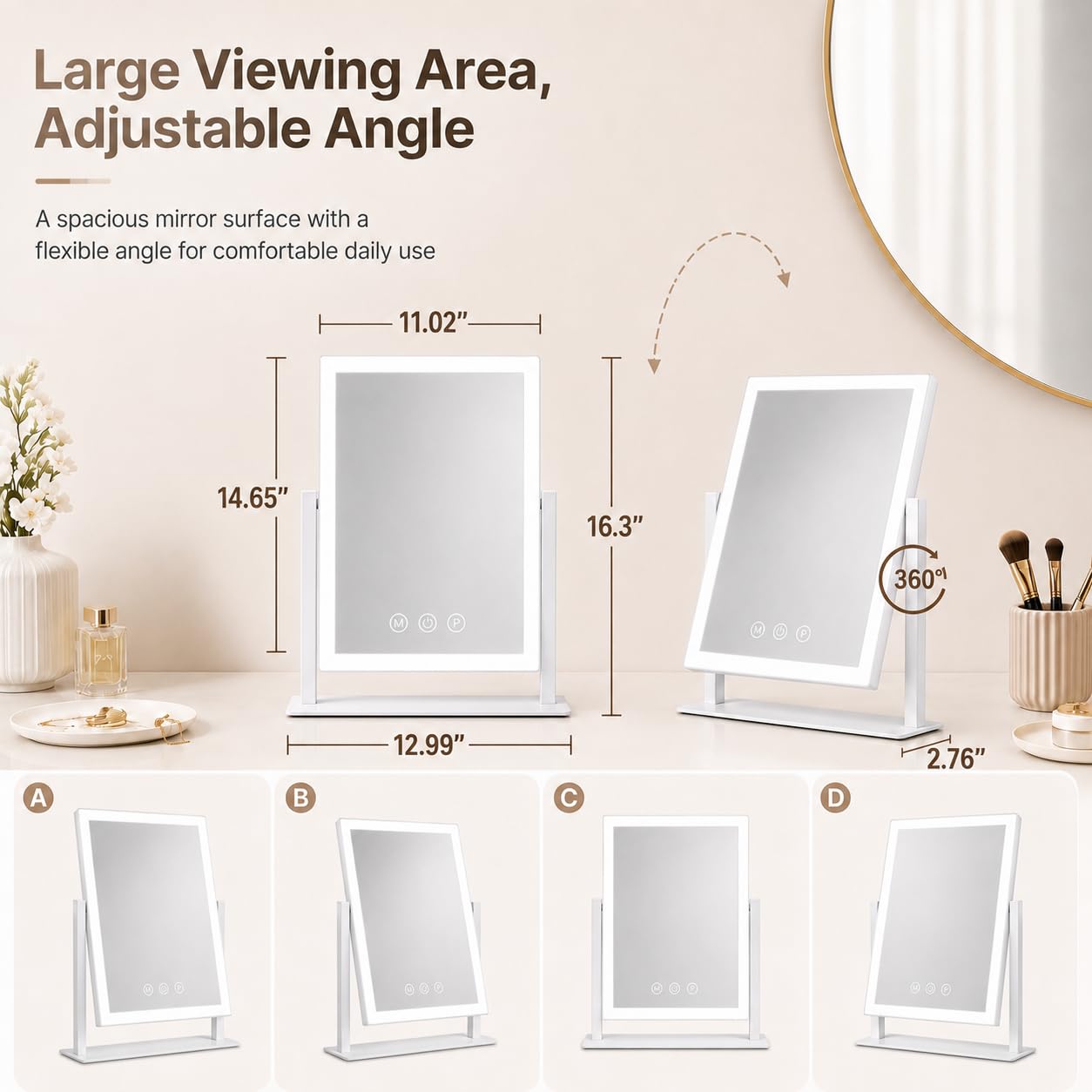 ROLOVE mirror tilted for 360° rotation showing flexible-angle benefit