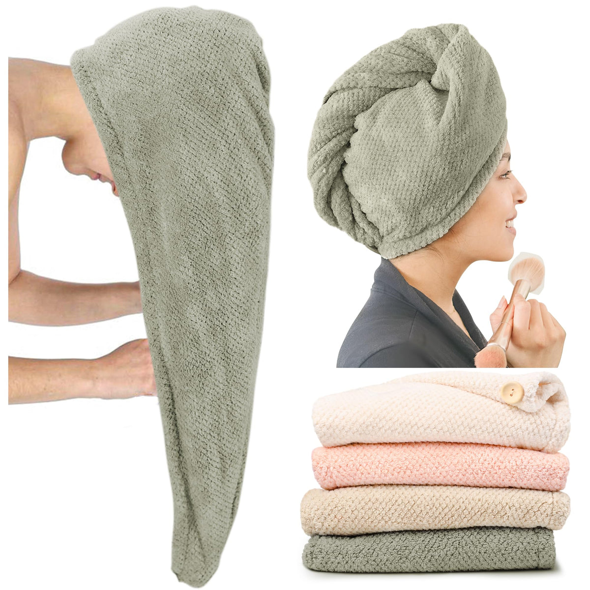 ROLSHOL front view of four colored towel wraps showing variety and convenience