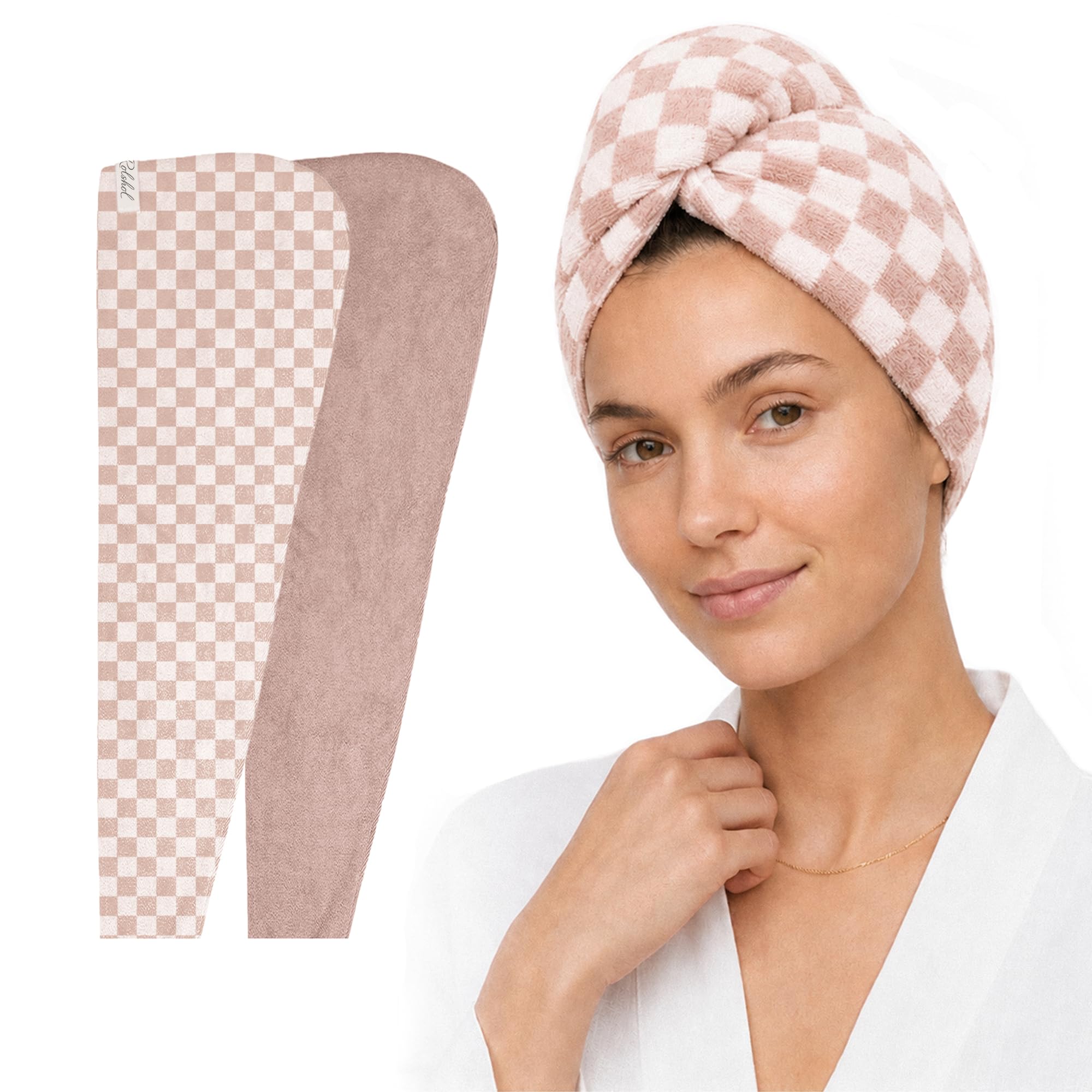 ROLSHOL front view of two printed towel wraps, useful for quick drying