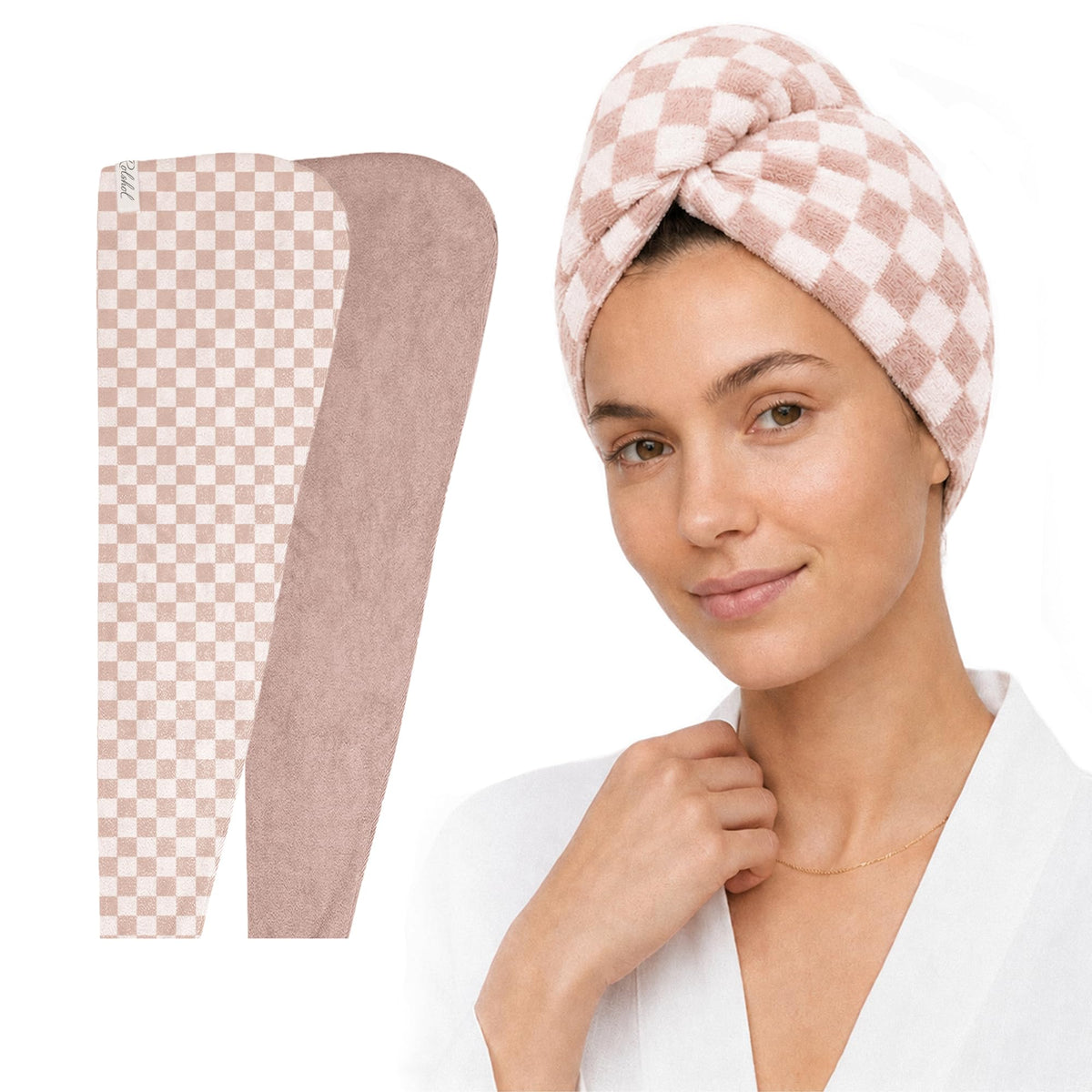 ROLSHOL front view of two printed towel wraps, useful for quick drying