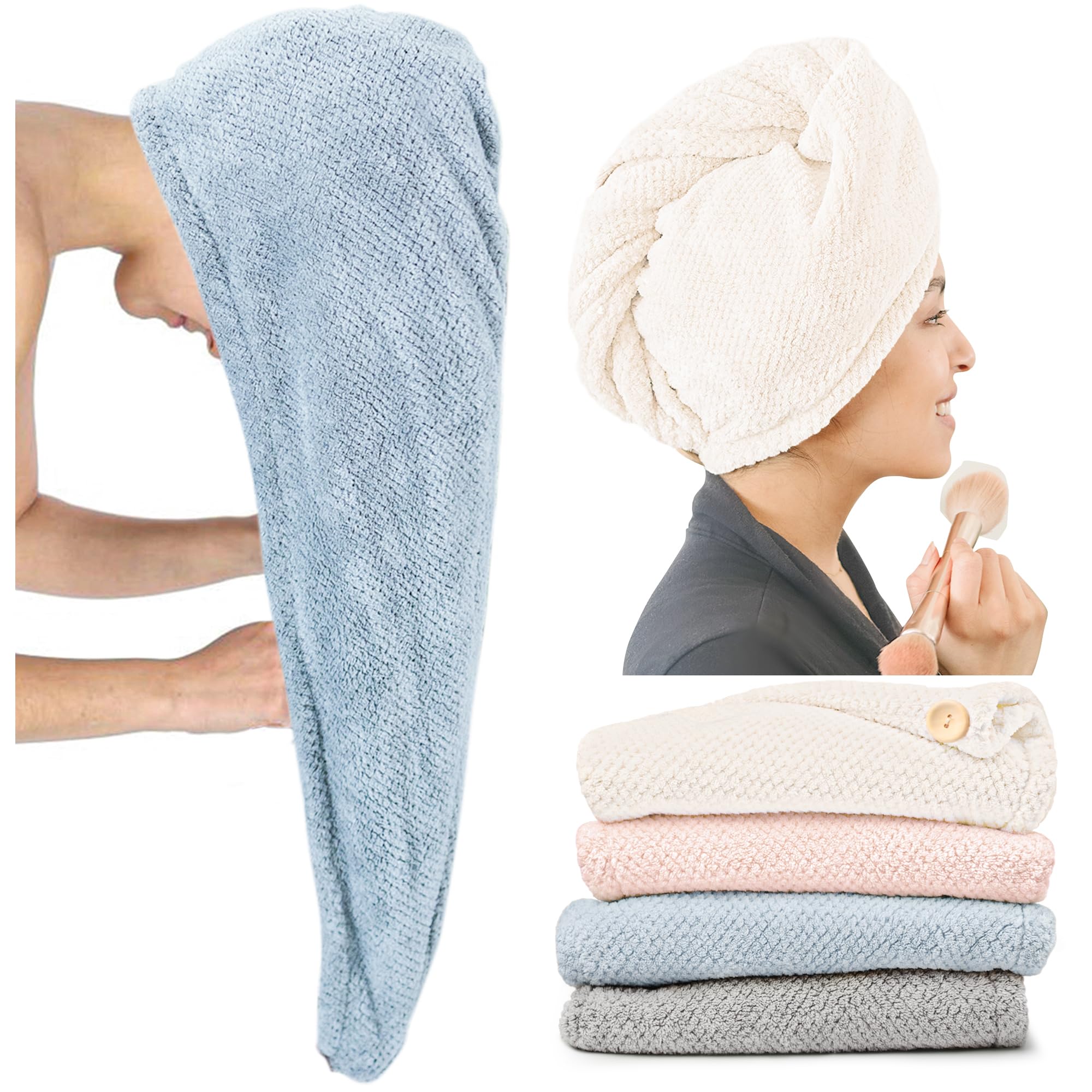 ROLSHOL front view of four turbans showing colors and fast-dry benefit