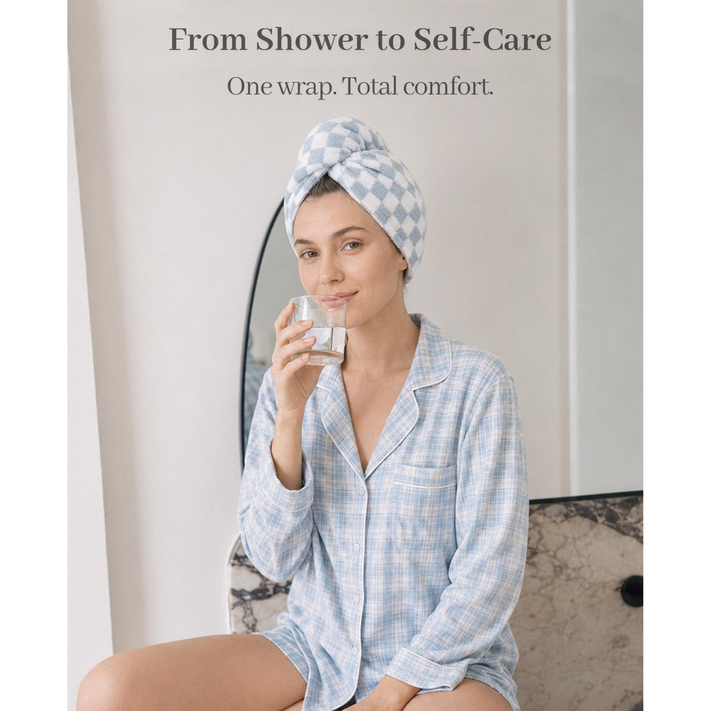 ROLSHOL model wearing towel wrap showing secure hands-free benefit