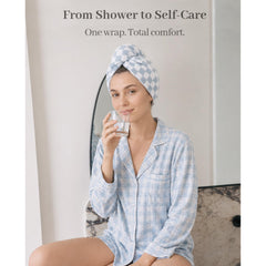 ROLSHOL model wearing towel wrap showing secure hands-free benefit