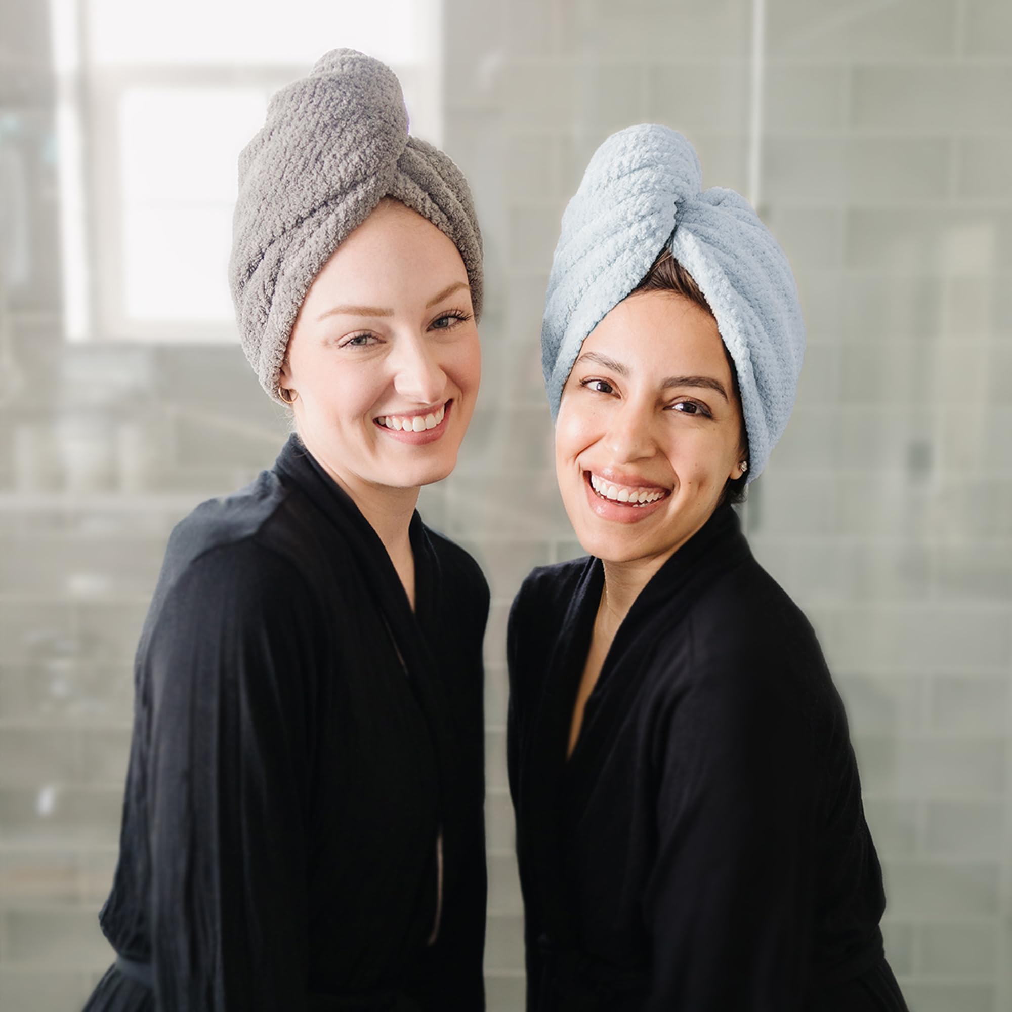 ROLSHOL model wearing wrap after shower demonstrating hands-free drying