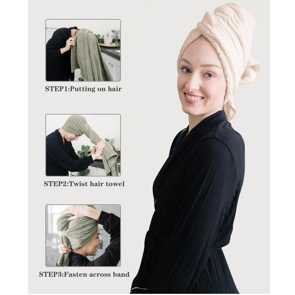 ROLSHOL worn by model in bathroom showing secure fit and hands-free drying convenience