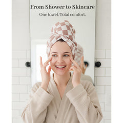 ROLSHOL hair towel wrap secured on long hair, frees hands while drying