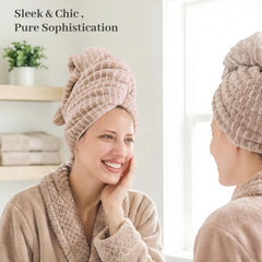 ROLSHOL towel wrap worn by model in bathroom showing secure, hands-free drying benefit