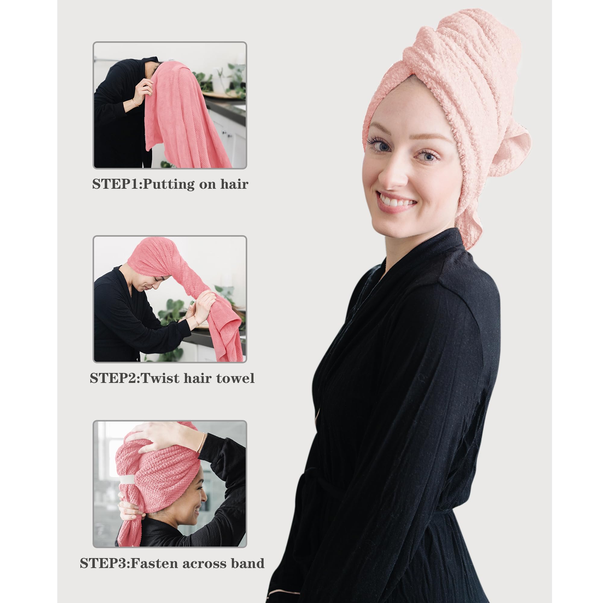 ROLSHOL on model demonstrating full hair coverage and hands-free drying benefit