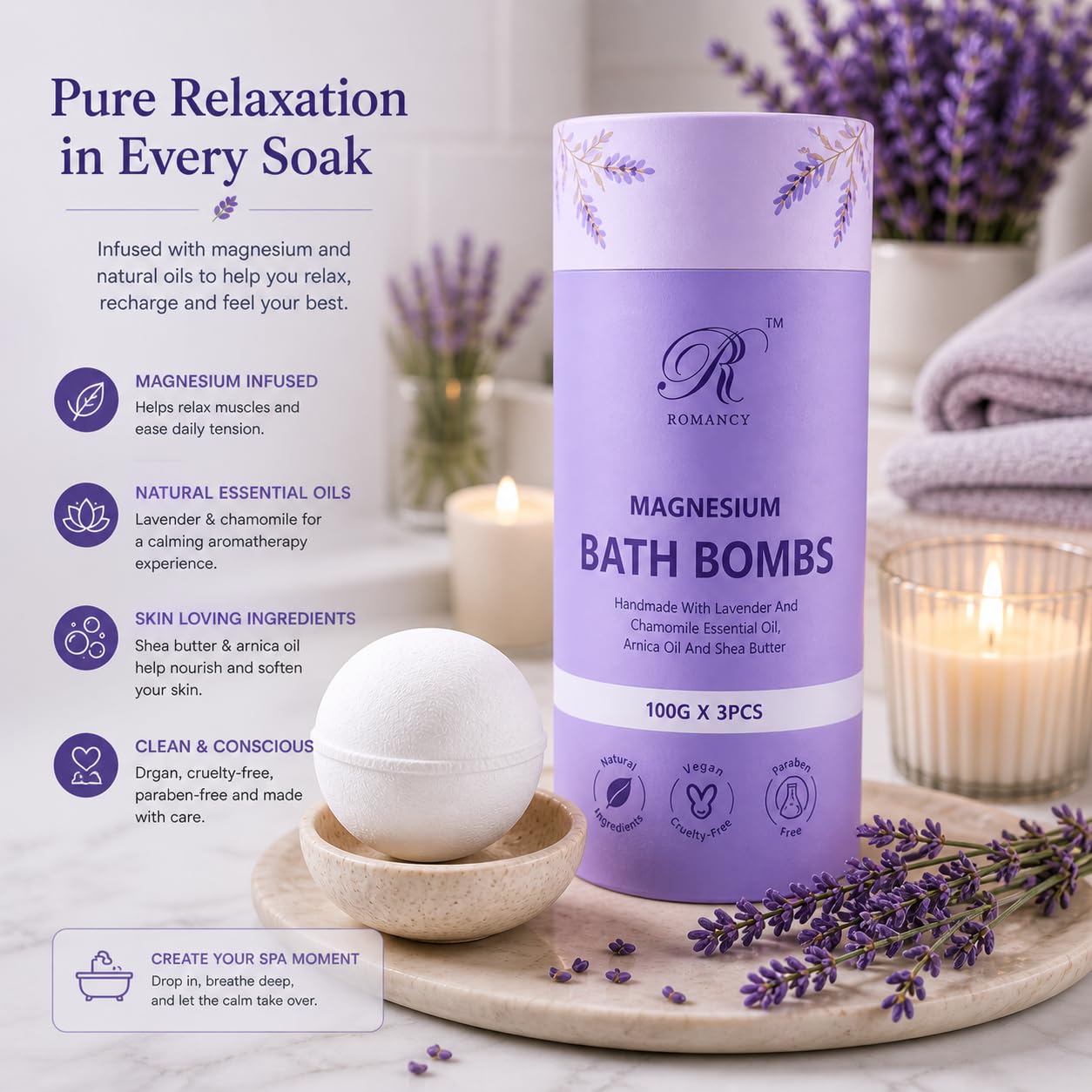Romancy bath bomb fizzing in tub releasing calming lavender aroma