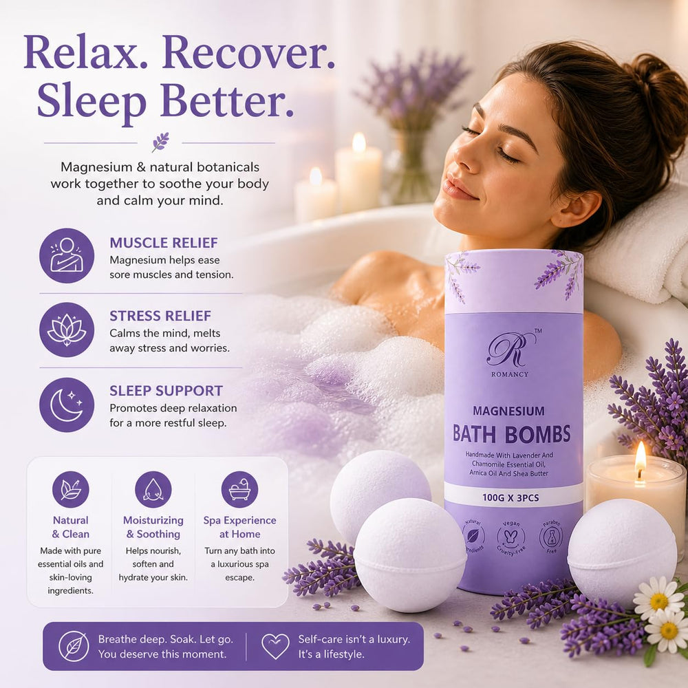 Romancy close-up magnesium bath bomb texture showing nourishing ingredients