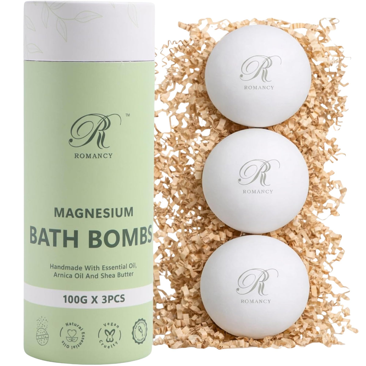 Romancy front packaging displaying XL bath bomb set and easy gift use
