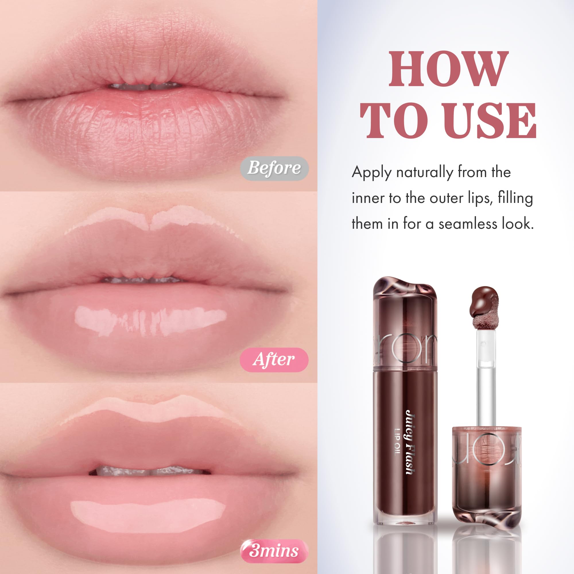 rom&nd Coco Bomb layered over lipstick demonstrating added depth and gloss