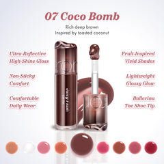 rom&nd Coco Bomb glossy texture drop highlighting high-shine and hydration
