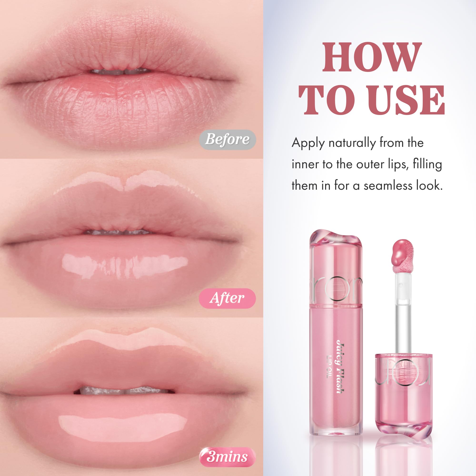 rom&nd shade lineup of multiple Juicy Flash Lip Oils for easy shade comparison and selection