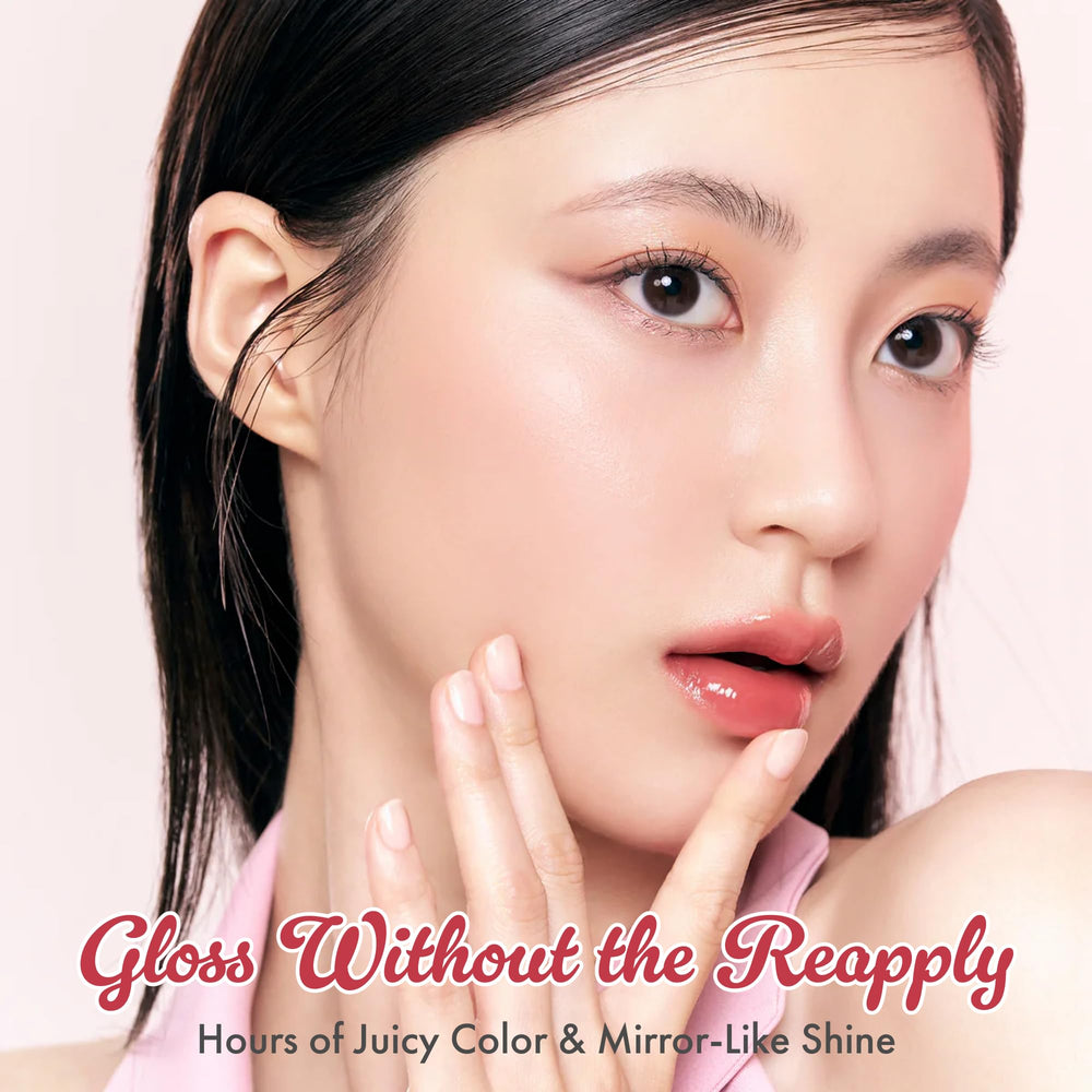 rom&nd lip closeup wearing Almond Rose with glossy, fuller‑looking finish