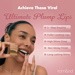 rom&nd gloss applied on lips demonstrating high-shine, light-reflecting volume