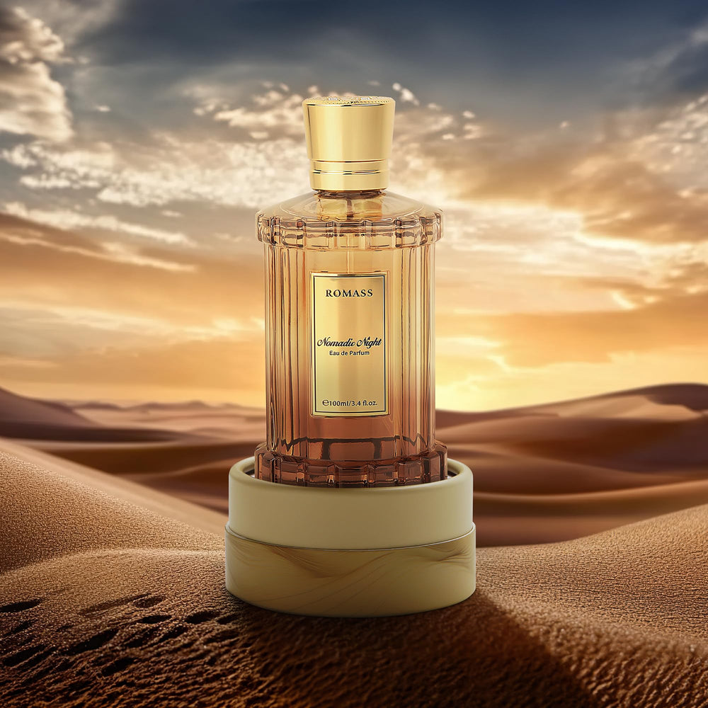 ROMASS lifestyle scene at a desert campfire conveying warm adventurous mood