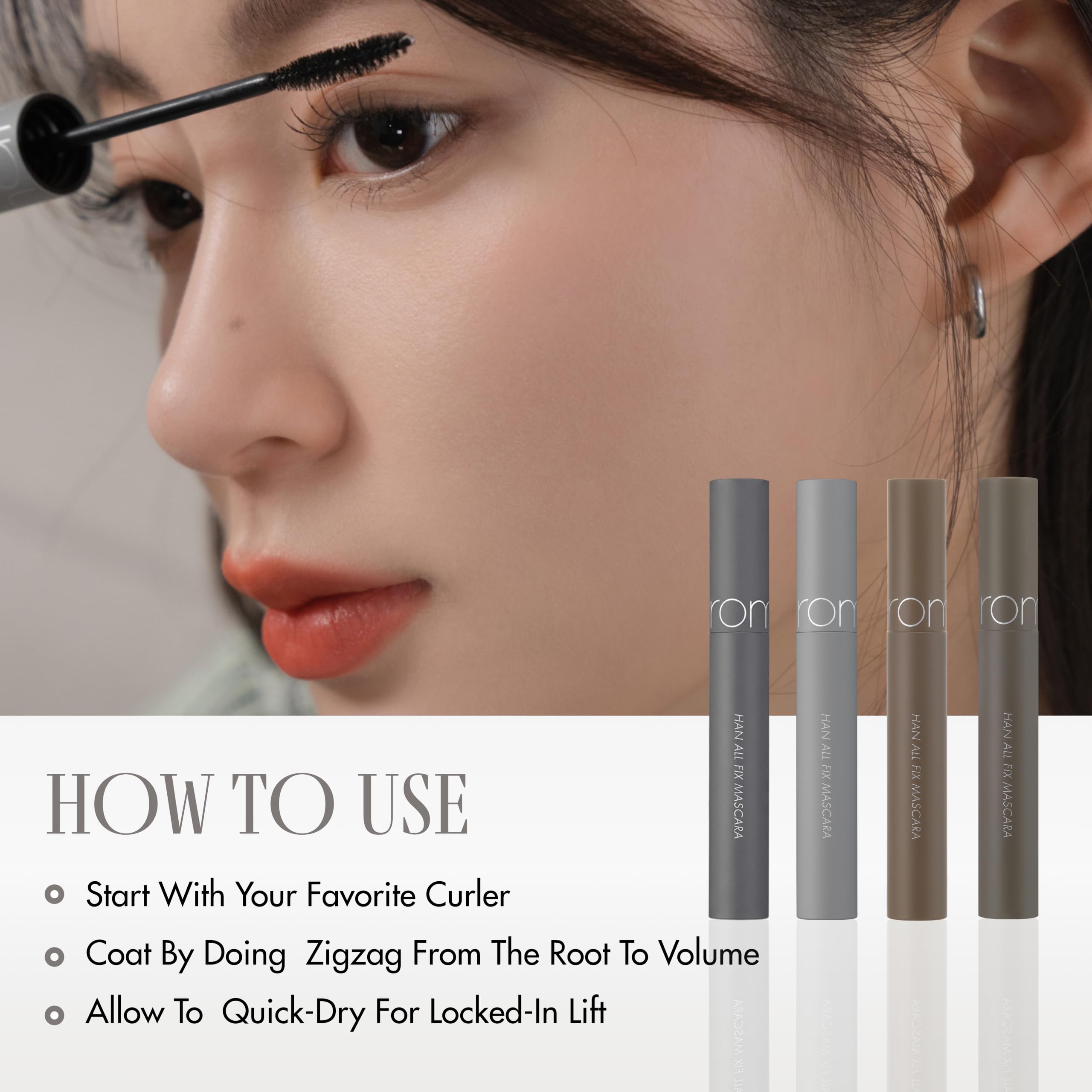 rom&nd Han All Fix Mascara packaging and label highlighting type and waterproof feature for confidence